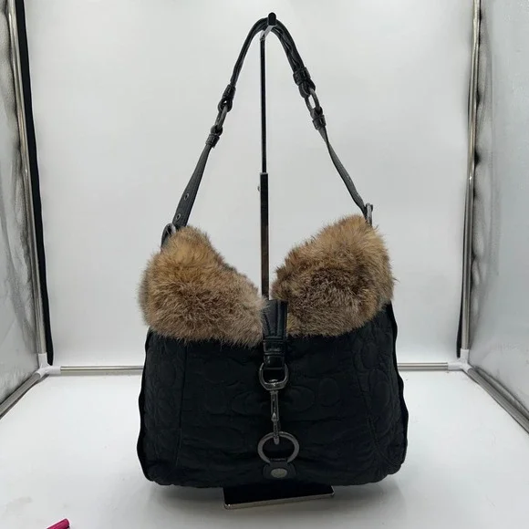 Coach Vintage Black Quilted Fur Trimmed Shoulder Bag Hobo Purse - Picture 1 of 16